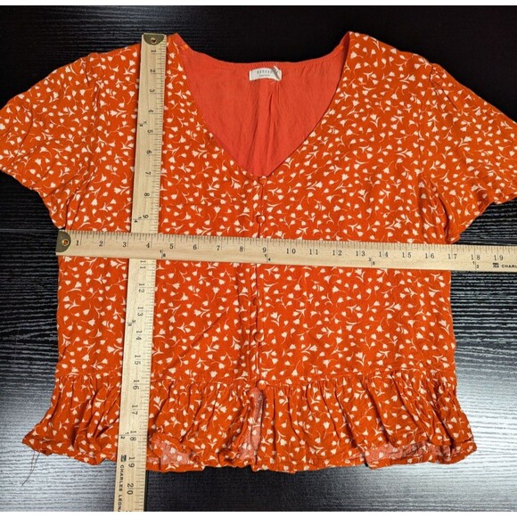 Harper Heritage Orange Floral Ruffled Button Up V-Neck Blouse Women's S - Picture 2 of 7